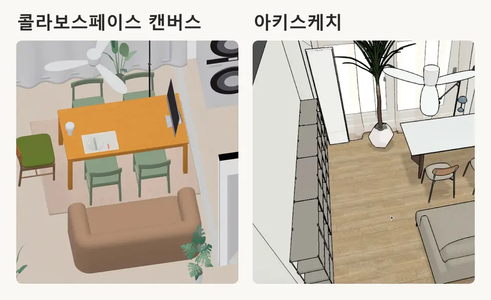 같은 집을 두 도구의 3D 보기로 본 화면이에요. 렌더 기능은 쓰지 않았어요.